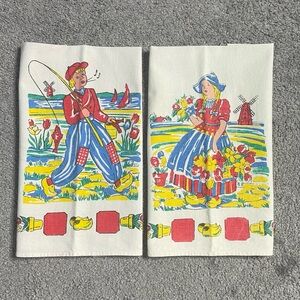 Vintage Dutch Girl Boy Windmill Tulips Kitchen Tea Towel Pair Kitschy Retro